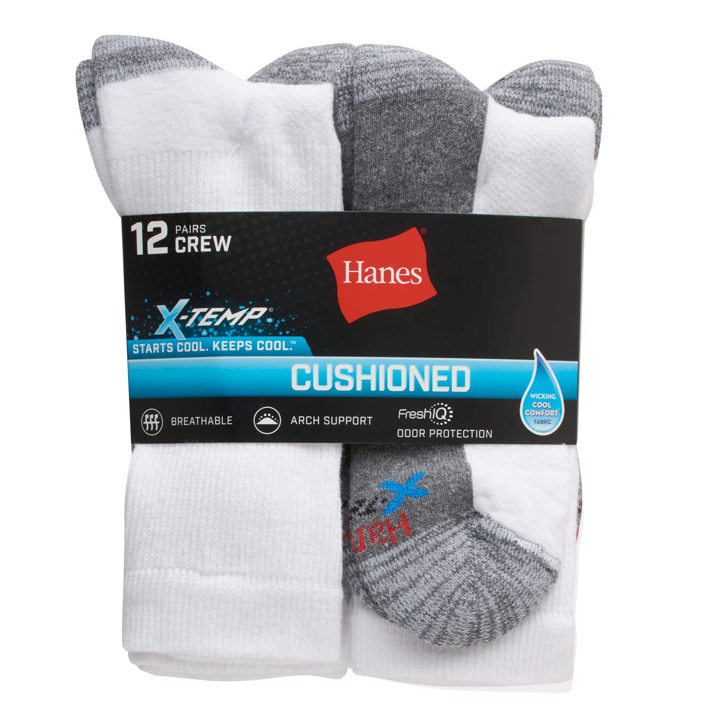 Hanes Men's Hanes Men's Socks, X-temp Cushioned Crew Socks, 12-pack