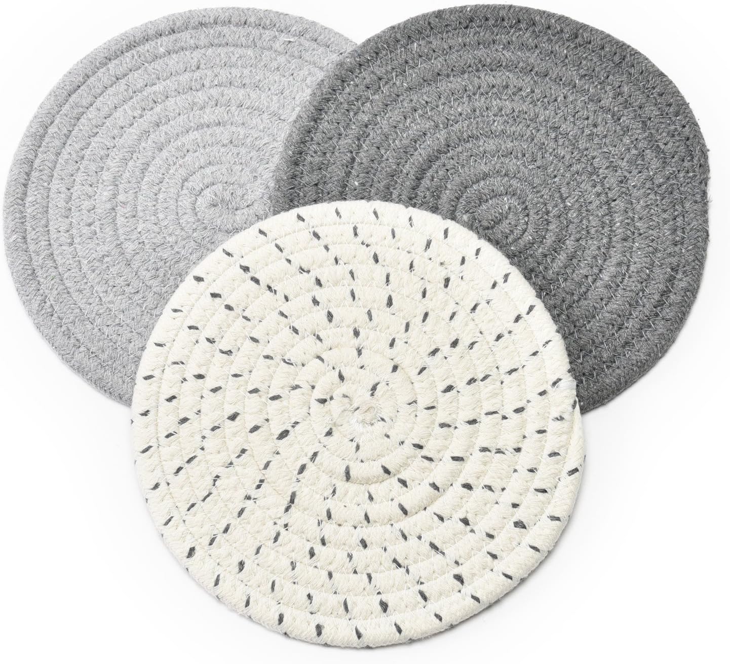 Potholders Set Trivets Set 100% Pure Cotton Thread Weave Hot Pot Holders Set (Set of 3) Stylish Coasters, Hot Pads, Hot Mats, Spoon Rest For Cooking and Baking by Diameter 7 Inches (Gray): Kitchen & Dining