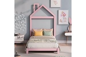 P PURLOVE Twin Size Montessori Floor Bed with House-Shaped Headboard for Kids, Wooden Twin Floor Platform Bed Frame with Slat Support,No Box Spring Needed,Pink
