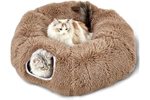 Bininl Cat Tunnel Bed for Indoor Cats Peekaboo Cave Donut with Washable Circle Cushion Interior Cat Play Tunnel (34 Inch, Brown)