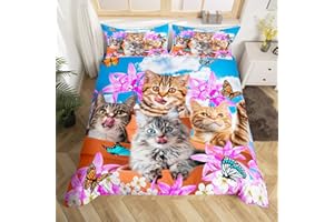 FEELYOU Kids Cute Cat Comforter Cover Cartoon Pet Cats Kittens Bedding Set Cat Lovers Animal Themed Duvet Cover for Boys Girls Purple Floral Butterflies Print Room Decor Bedclothes Queen Size (No Comforter)