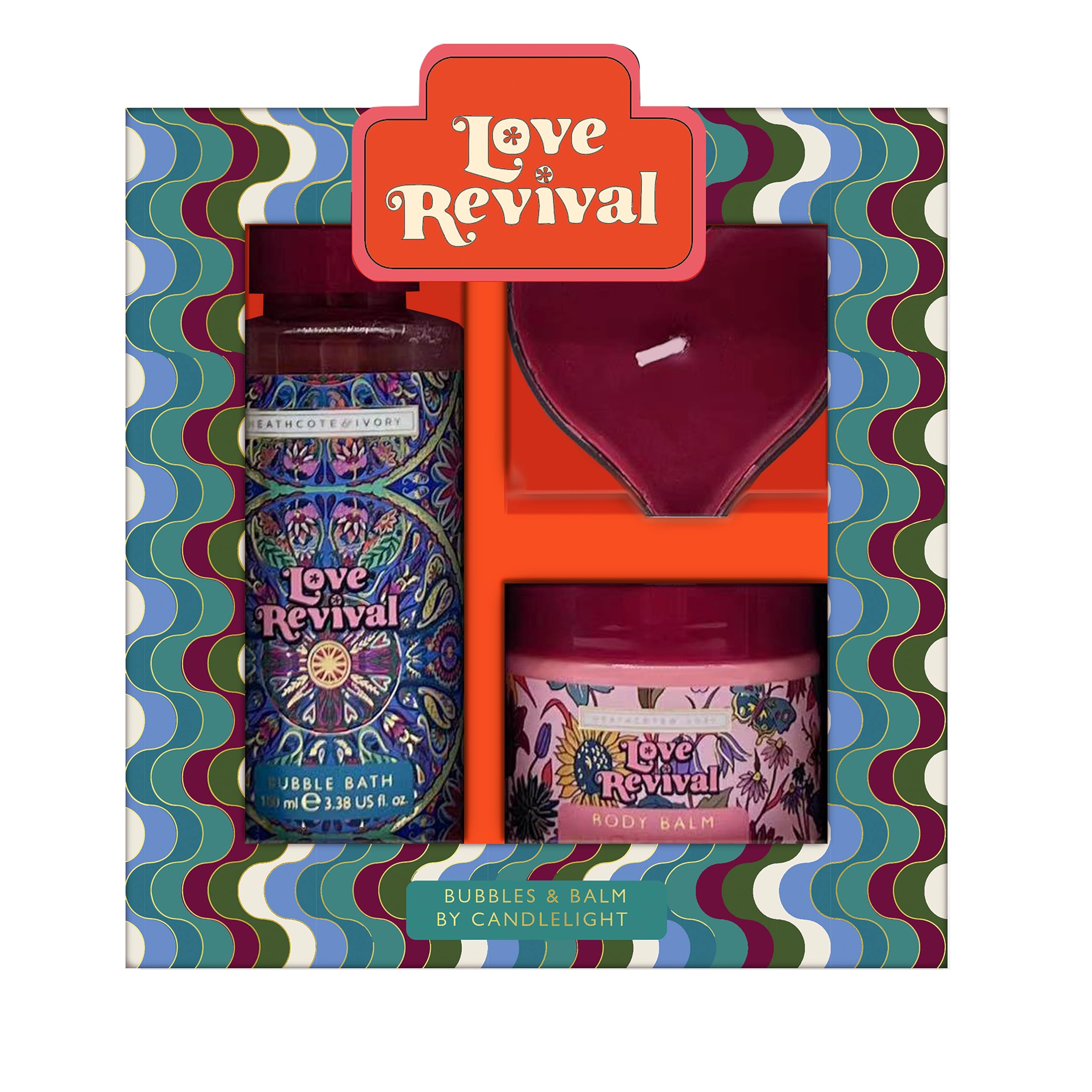 Heathcote & Ivory Love Revival-Bubbles & Balm By Candlelight (Bubble Bath 100ml, Body Cream 60ml, Scented Candle 30g) - Pampering Bath and Body Set for a Blissful Evening