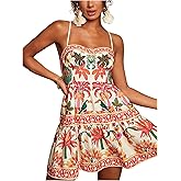 Floerns Women's Floral Summer Mini Dress Spaghetti Strap Vintage Tiered Ruffle Holiday Beach Dresses