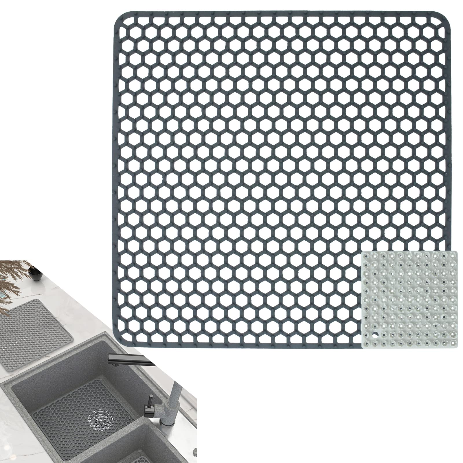 Silicone Sink Protector Mat 34.5 * 34.5cm,Large Protector Mat for Stainless Steel Sink, Dish Drying Mat Counter Protector,Kitchen Sink Mats,with Fruit and Vegetables Cleaning Brush