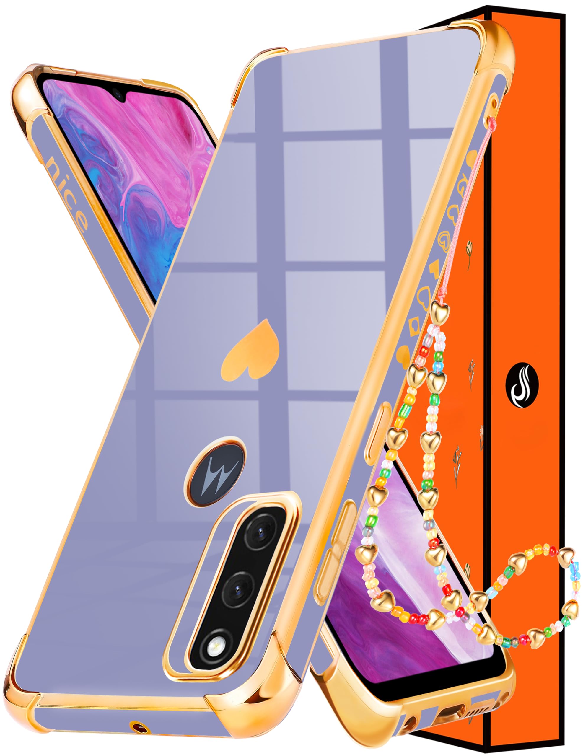 Photo 1 of Shorogyt (3in1 Heart Case for Motorola Moto G Pure 2021 6.5 Inch Women Cute Aesthetic Love Hearts Pattern Girls Dark Blue Gold Luxury Girly Design Phone Cases Cover+Chain for G Pure 2021