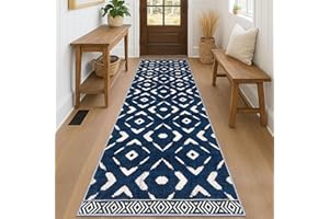 KILOCOCO Hallway Runner Rug 2.6'x8' Runners for Hallways Washable Runner Soft Non Slip Printed Geometric Low-Pile Rugs Runners for Bedroom Kitchen Living Room Boho Rugs, Blue