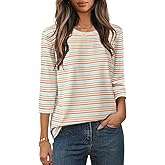 MEROKEETY Women's 2025 Casual 3/4 Sleeve Tops Blouse Crewneck Colorful Striped Fall Loose Shirt