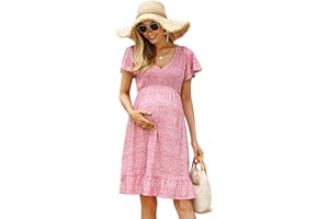 Coolmee Women's Maternity Short Sleeve Ruffle Dress V Neck Summer Casual Smocked Flowy Midi Dress for Baby Shower Photoshoot