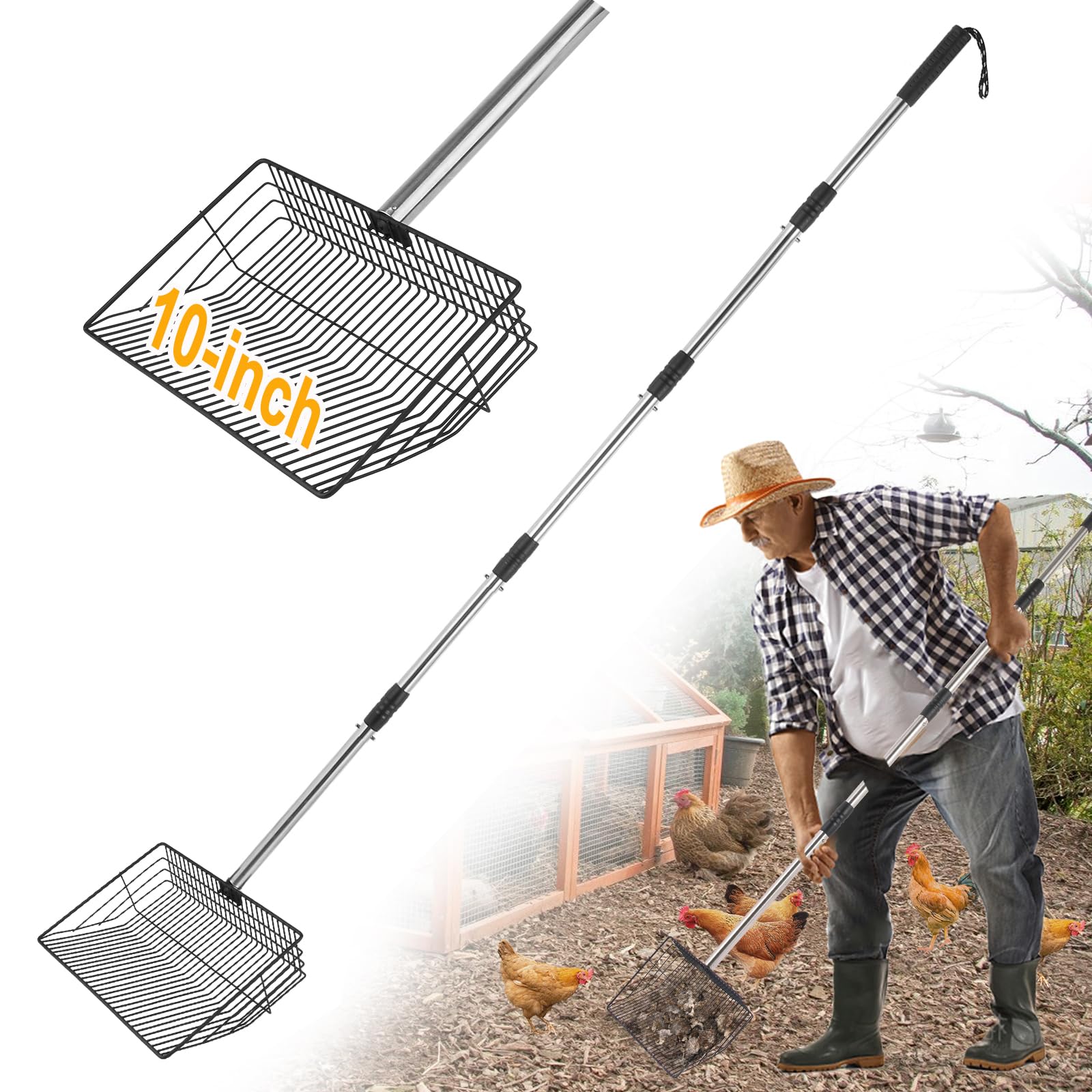 Photo 1 of 10 Inch Large Chicken Poop Scooper, 5 in 1 Chicken Coop Scoop with 22" to 67" Adjustable Stainless Steel Handle, Litter Sifting Shovel for Chicken Coop, Farm, Sheep Pen, Cat Litter, Stable Cleaning