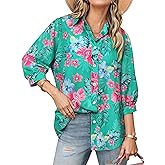 Womens 3/4 Sleeve Hawaiian Shirts Button Down Floral Printed Casual Holiday T-Shirt V Neck Collar Trendy Boho Blouses Tops