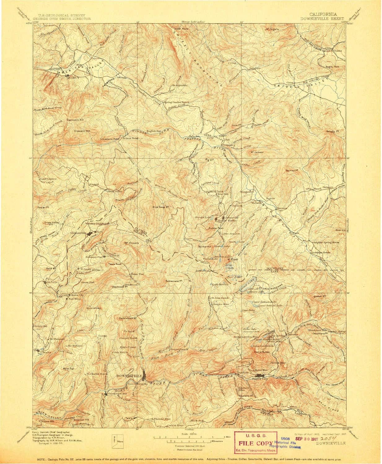 YellowMaps Downieville CA topo map, 1:125000 Scale, 30 X 30 Minute, Historical, 1897, Updated 1907, 20 x 16.5 in