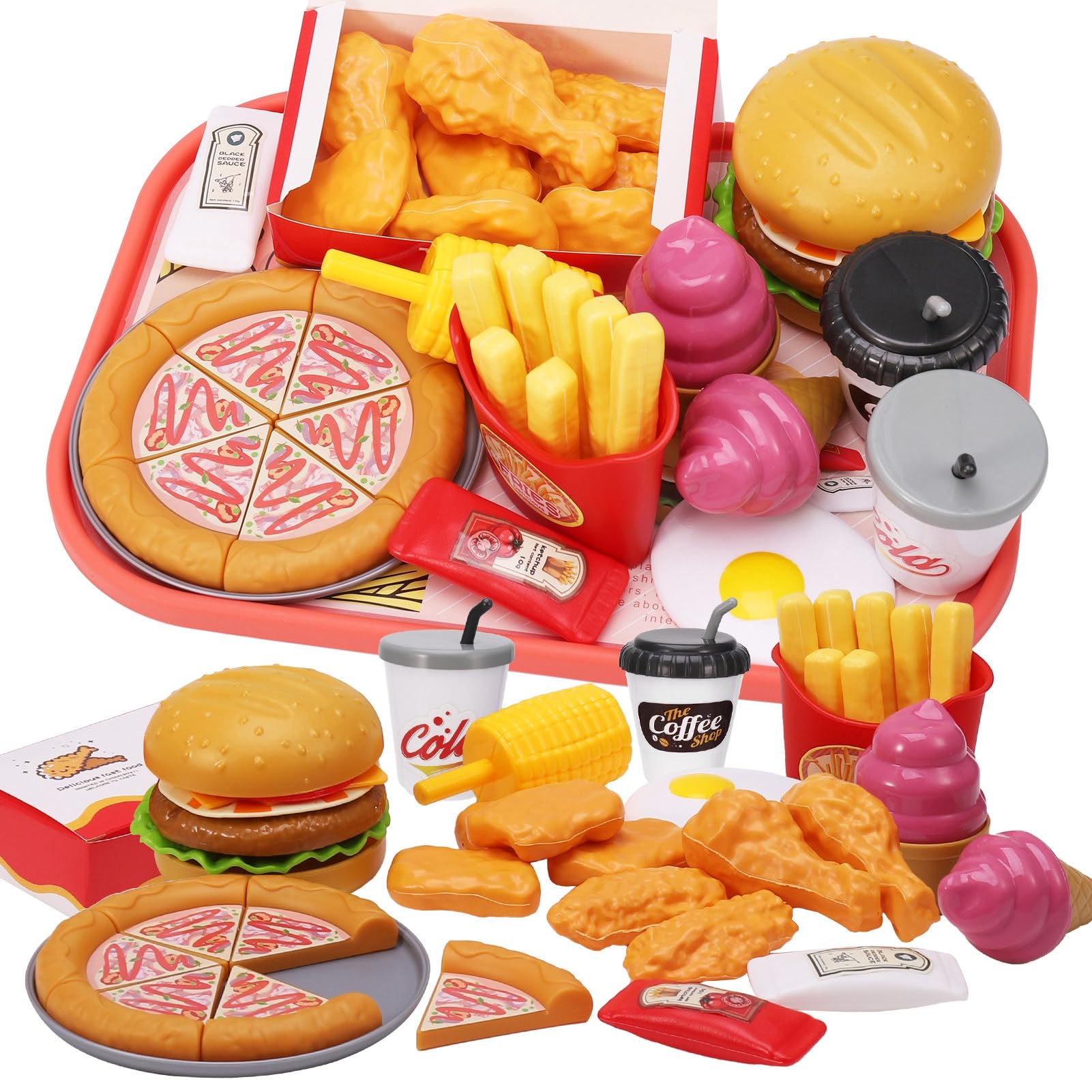 40 Pieces Play Food Toys, Kids Kitchen Hamburger Fast Food Playset for Age 3+ Boy Girls Kids Children Kitchen