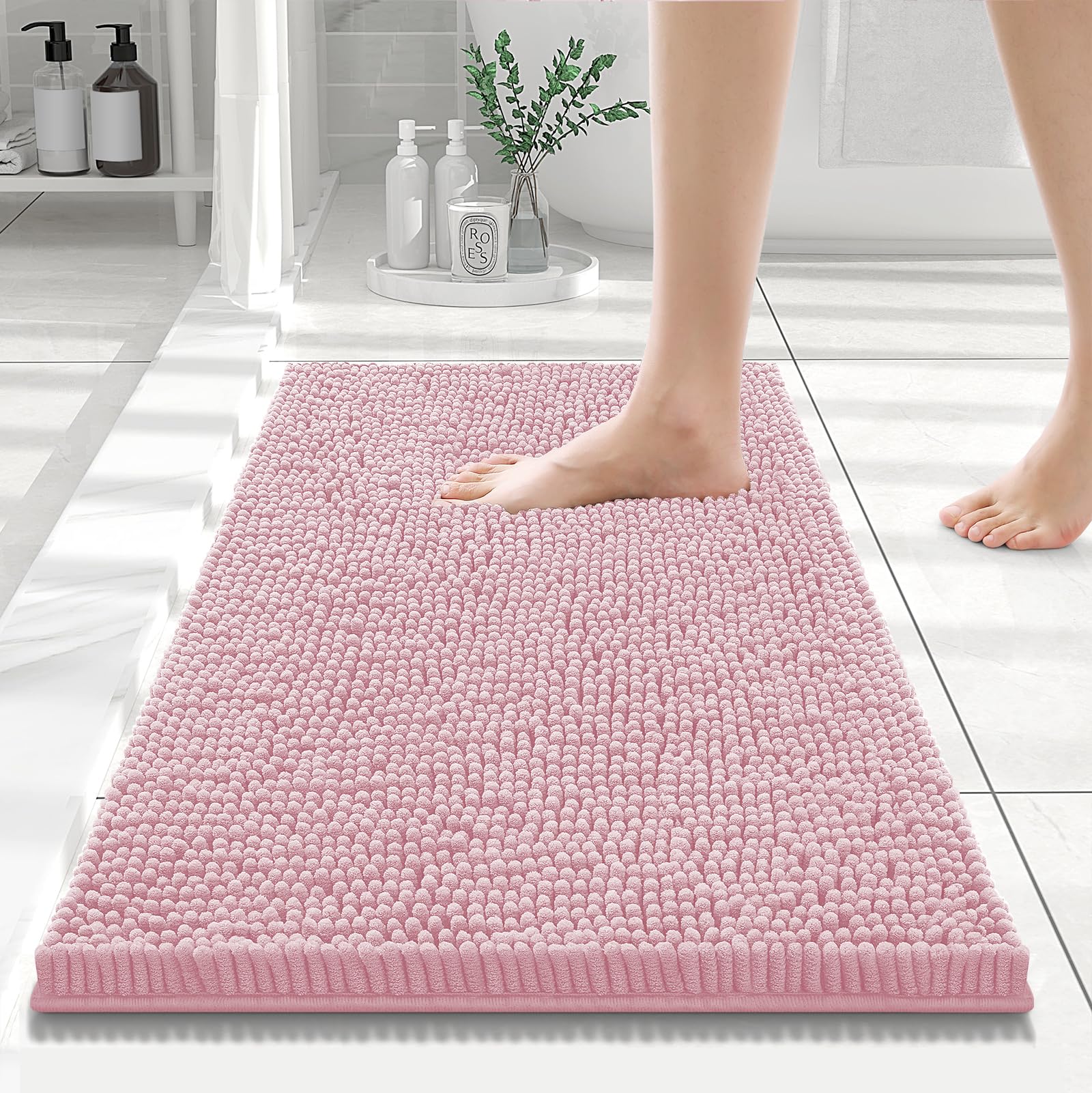 Photo 1 of Smiry Luxury Chenille Bathroom Rugs 24x16, Extra Soft and Absorbent Shaggy Bath Mat, Machine Washable, Non-Slip Plush Carpet Runner for Tub, Shower, and Floor, Home Decor Accessories, Dusty Rose