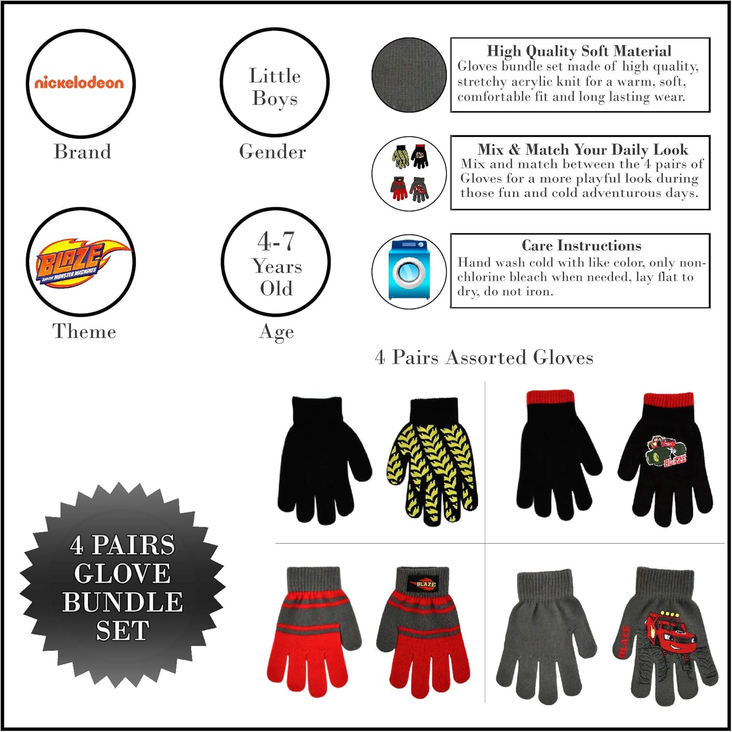 Nickelodeon Boys 4 Pack Mitten or Glove Set: Paw Patrol and Blaze (Age 2-7): Clothing