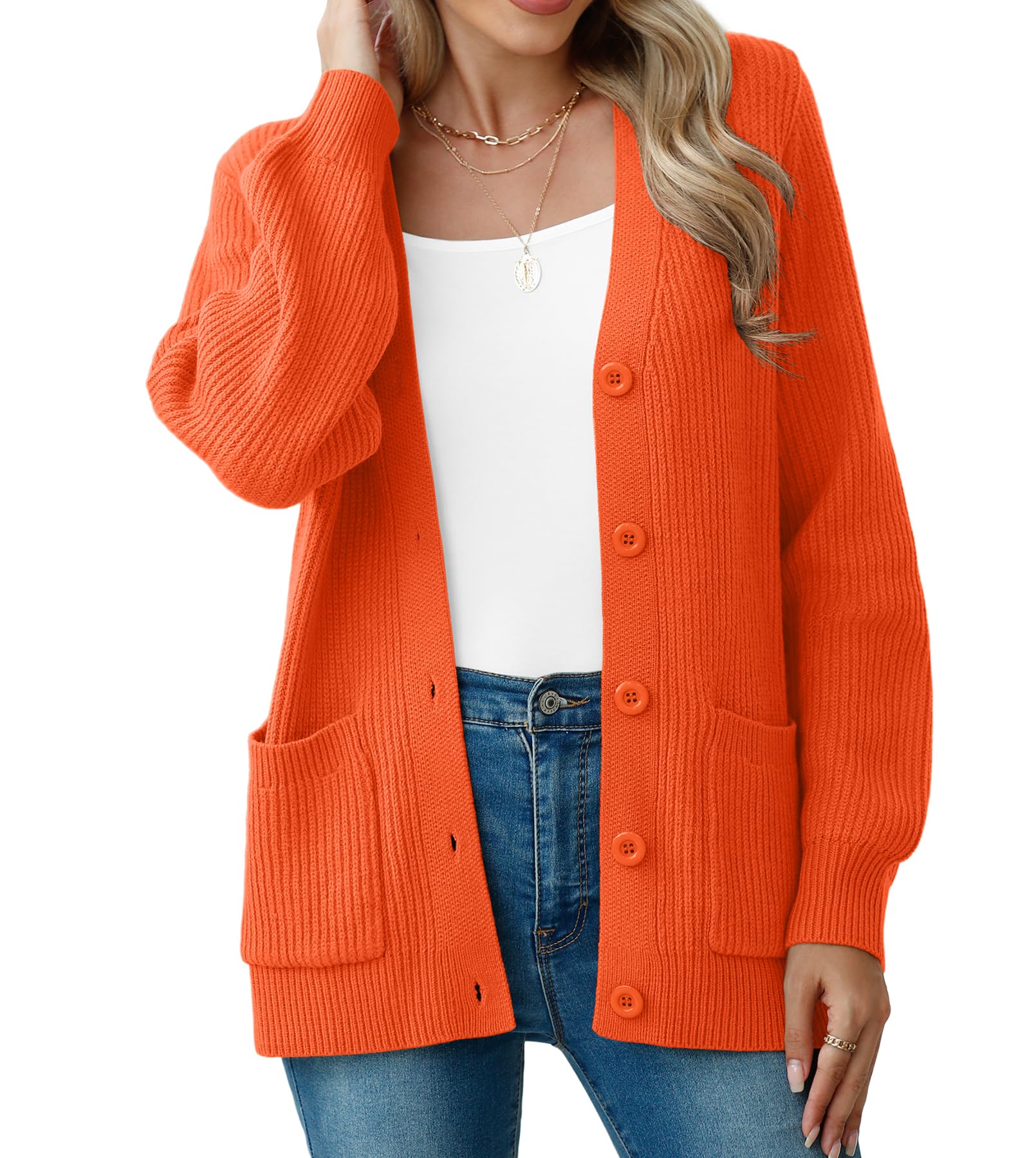 VIISHOW Women's 2025 Casual Long Sleeve Cardigan Sweater V Neck Button Down Open Front Chunky Knit Loose Oversized Sweater Coat,Pumpkin Orange,Medium Image