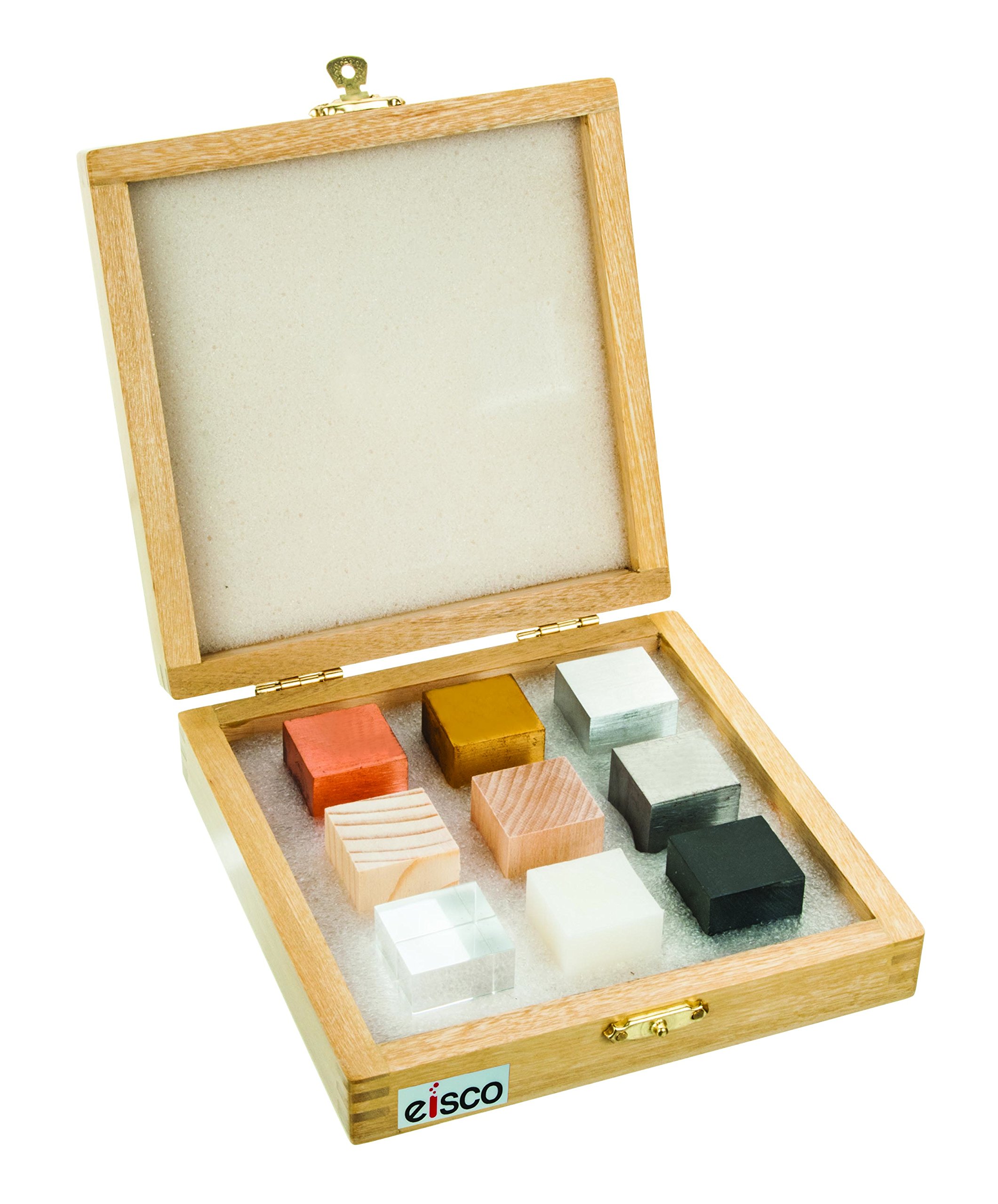 9pc Specimen Density Cube Set - Brass, Iron, Copper, Aluminum, Hardwood, Softwood, Nylon, PVC & Acrylic - Includes Wooden Storage Box - for Studying Density & Mass - Eisco Labs