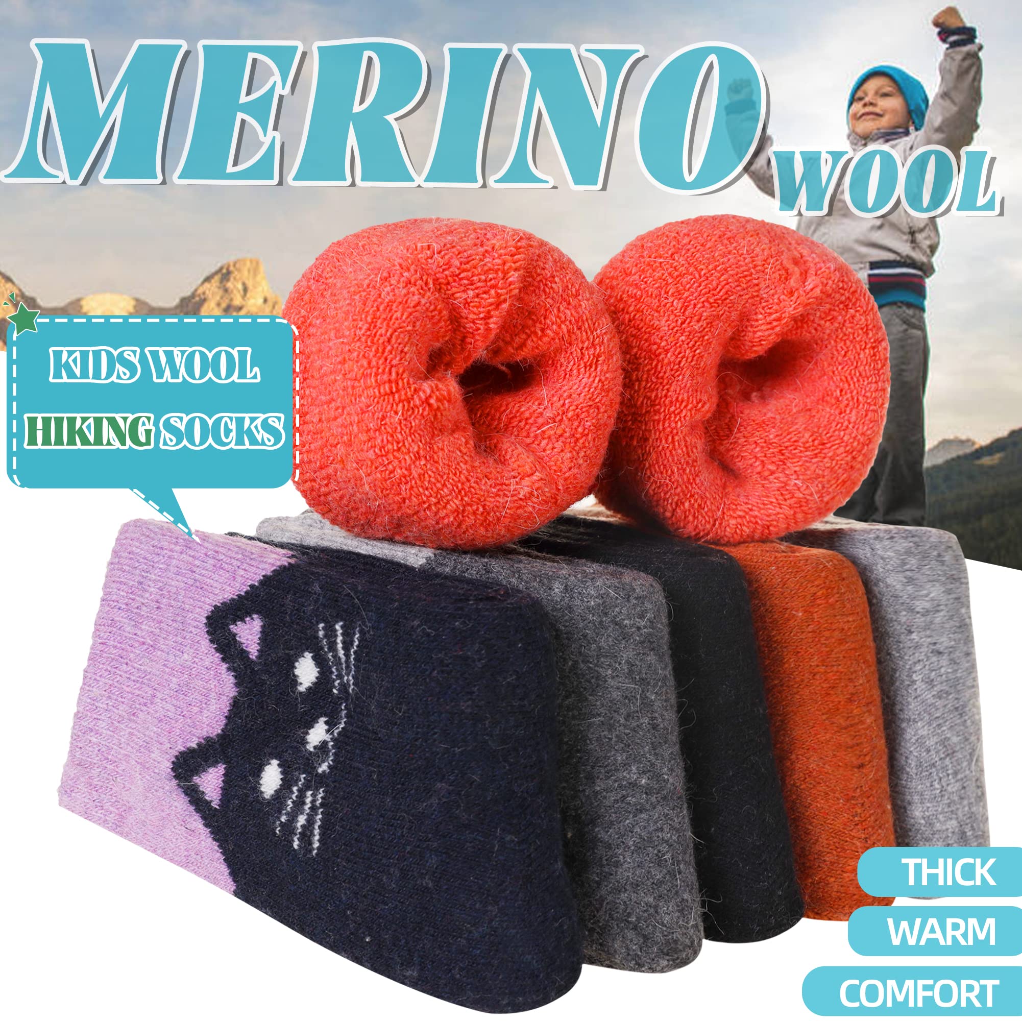 Eocom Kids Wool Socks Winter Warm Wool Hiking Thermal Thick Boot Cozy Crew Socks for Toddlers Boys Girls 6 Pairs