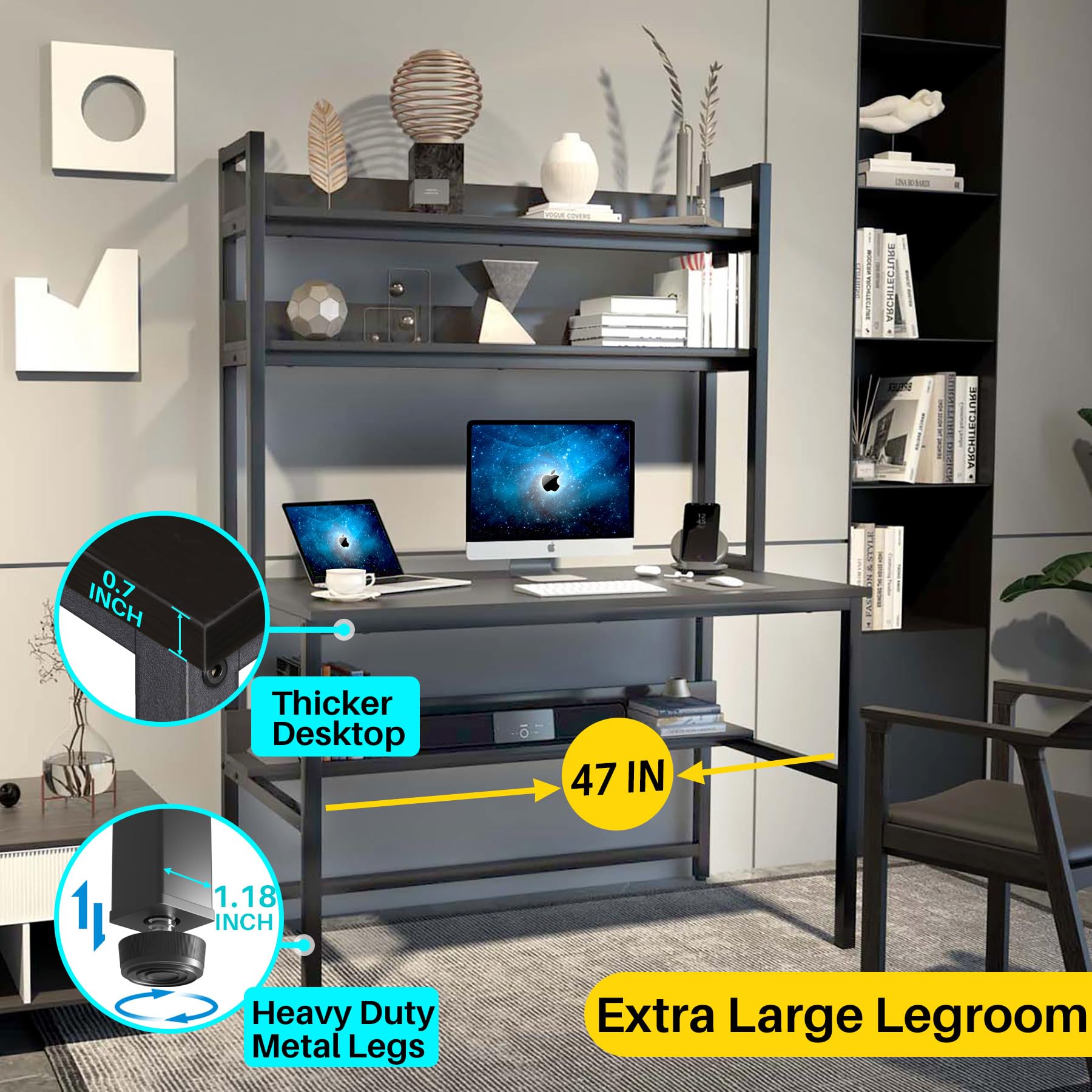 Aquzee Computer Desk with Hutch and Bookshelves, Large Leg Room 47 inch Width Black Desk with Space Saving Storage Shelves for Home Office,Study, Work, Easy Assemble