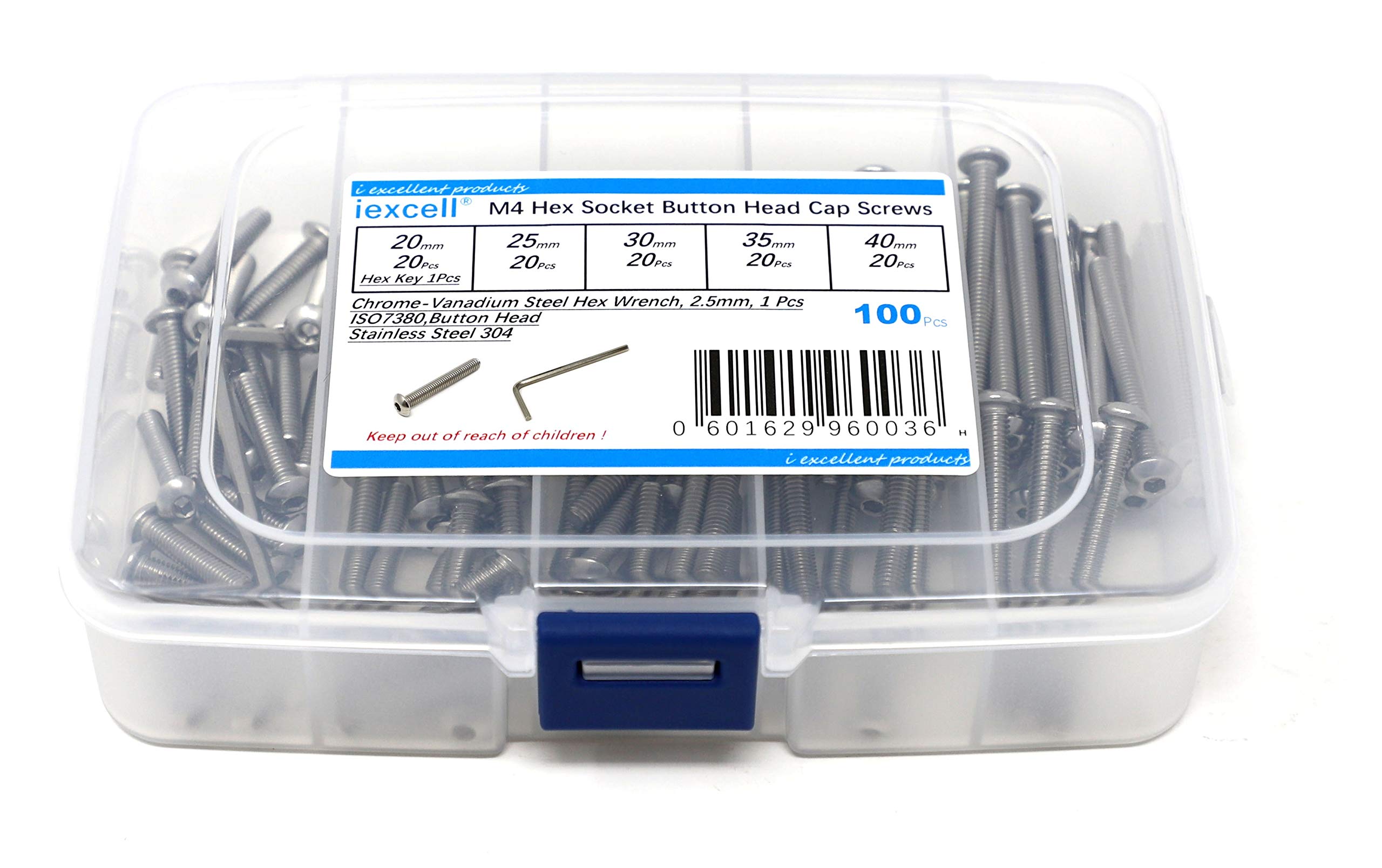 iExcell 100 Pcs M4 x 20/25/30/35/40mm Stainless Steel 304 Hex Socket Button Head Cap Screws Bolts Assortment Kit