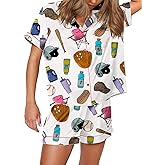 SHESHOW Pajamas for Women Set Satin Button Down Short Sleeve Top and Shorts Pjs Sets Sport Ball Print Sleepwear XS-XXL