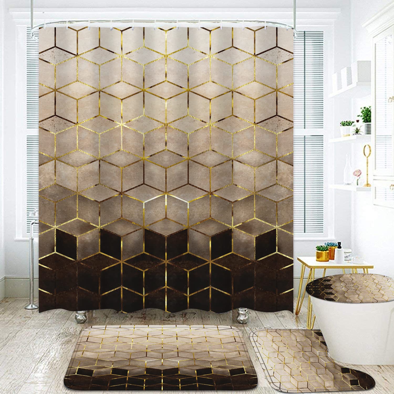 Photo 1 of LQCOOL 4Pcs Brown Gradient Shower Curtain Set, Modern Geometric Shower Curtain Set Golden Cubic Lines Bathroom Set Texture Art Bath Accessories with Mats