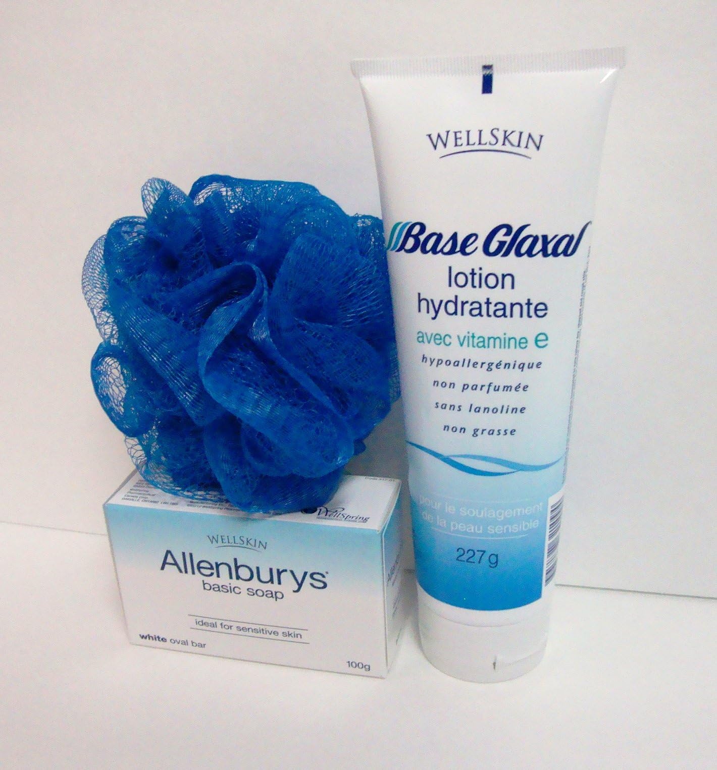 GLAXAL Base 3 pc set Moisturizing CREAM 8 oz (227 g), SOAP & BATH SPONGE by Wellskin - Relief for Sensitive Skin