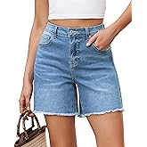 Vetinee Jean Shorts for Women Trendy High Waisted Raw Hem Mid Thigh Stretch Denim Shorts Cutoff 2026 Casual Summer Jorts