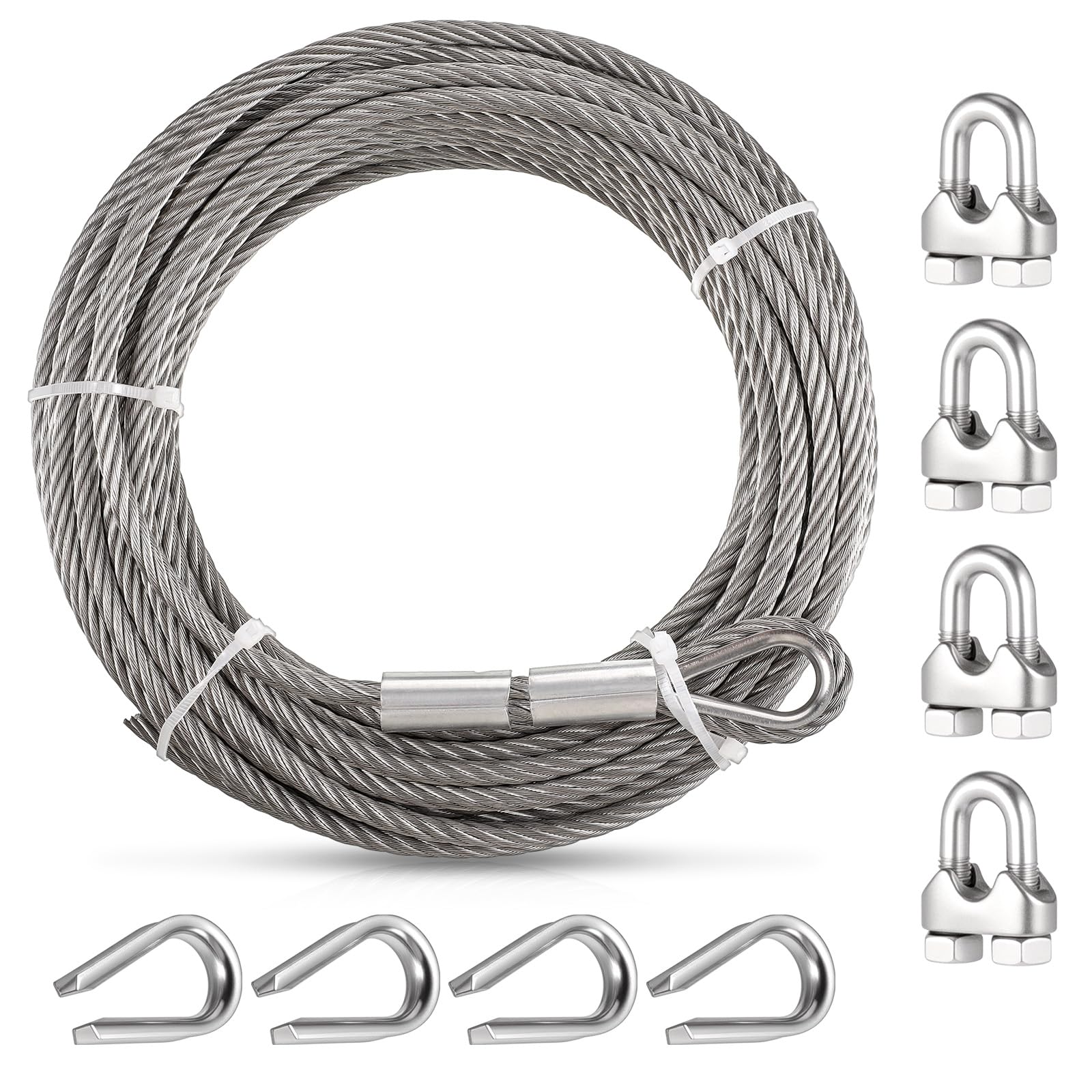 Photo 1 of 1/4" Steel Rope 1/4 Stainless Steel Cable Wire Rope Clamps Aircraft Cable Wrinch with Clamps and Thimble, 7X19 Strands Yard Zipline, Deck Railing, 6400lbs Breaking Strength, 50ft