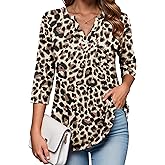 Zeagoo Womens 3/4 Length Sleeve Tops V Neck Tunic Casual Dressy Blouse Floral Printed Shirts