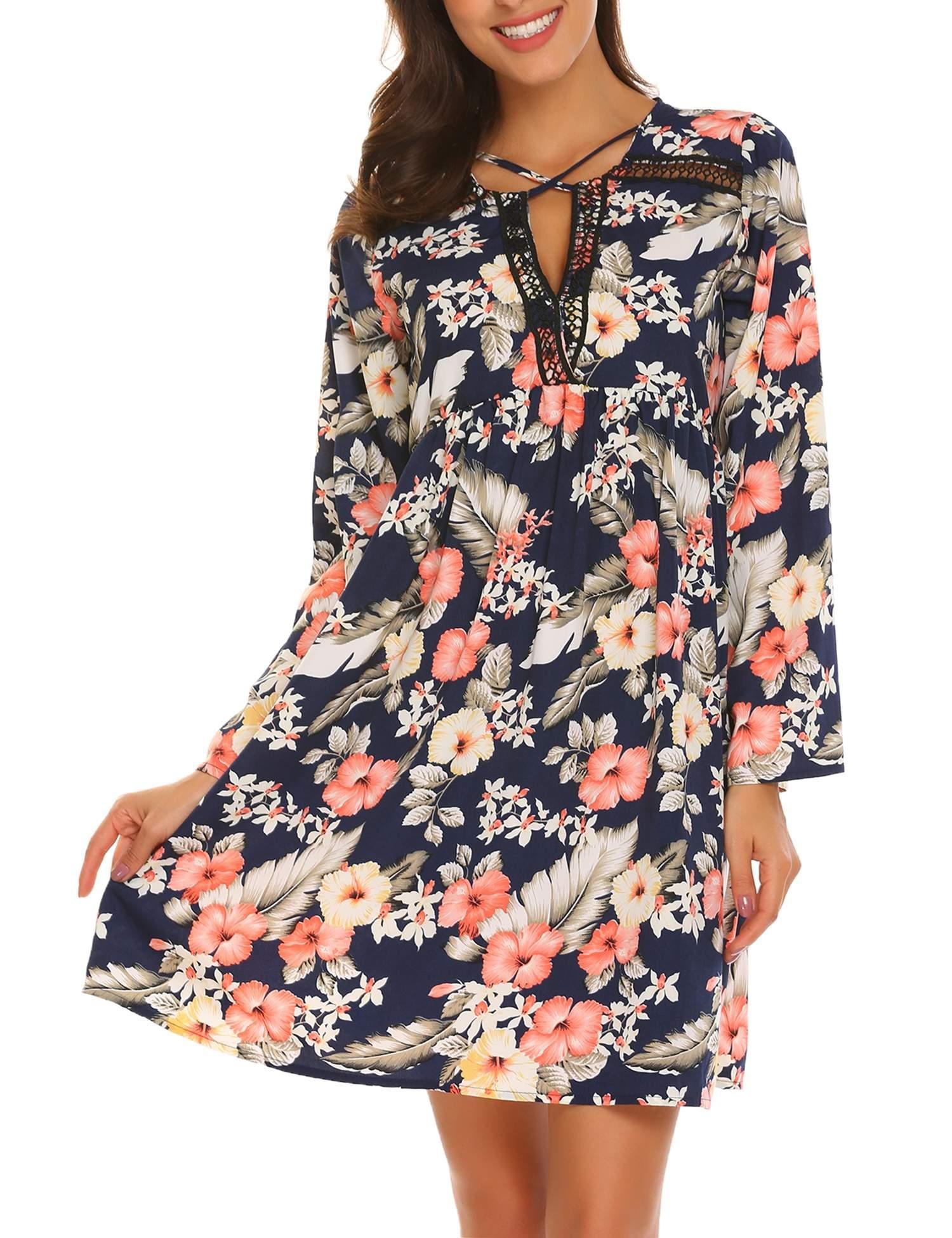 Beyove Women\'s Long Sleeve Fit and Flare Bohemian Vintage Printed Loose Casual Dress