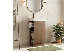 JINDOLI 16" Small Bathroom Vanity with Sink - Walnut:Small Space Fit,2 Toilet Paper Holders & Storage Pocket,Adjustable Shelve,Soft Closing Door & Quiet Hinges,Floor-Standing Extra Storage