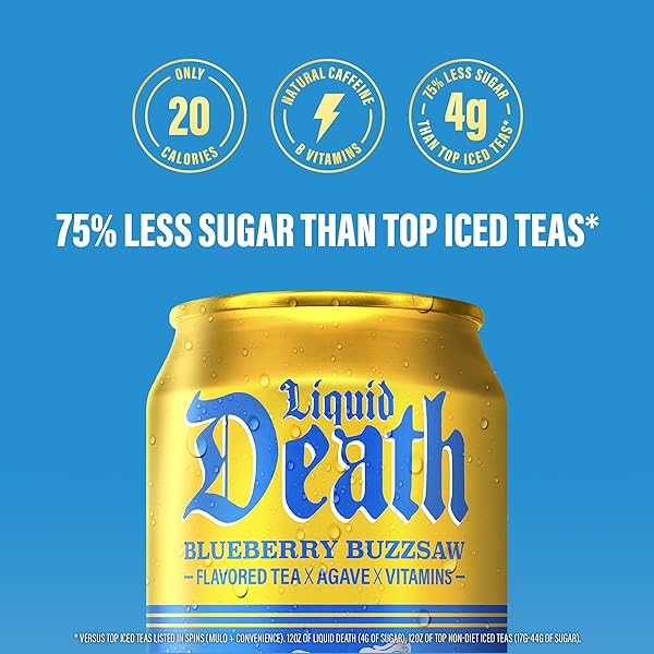 LIQUID DEATH ICED TEA – BLUEBERRY BUZZSAW (BLUEBERRY-FLAVORED BLACK TEA), LESS SUGAR*, BOOST OF CAFFEINE, B VITAMINS, NO ARTIFICIAL SWEETENERS, 12 FL OZ (PACK OF 12)
