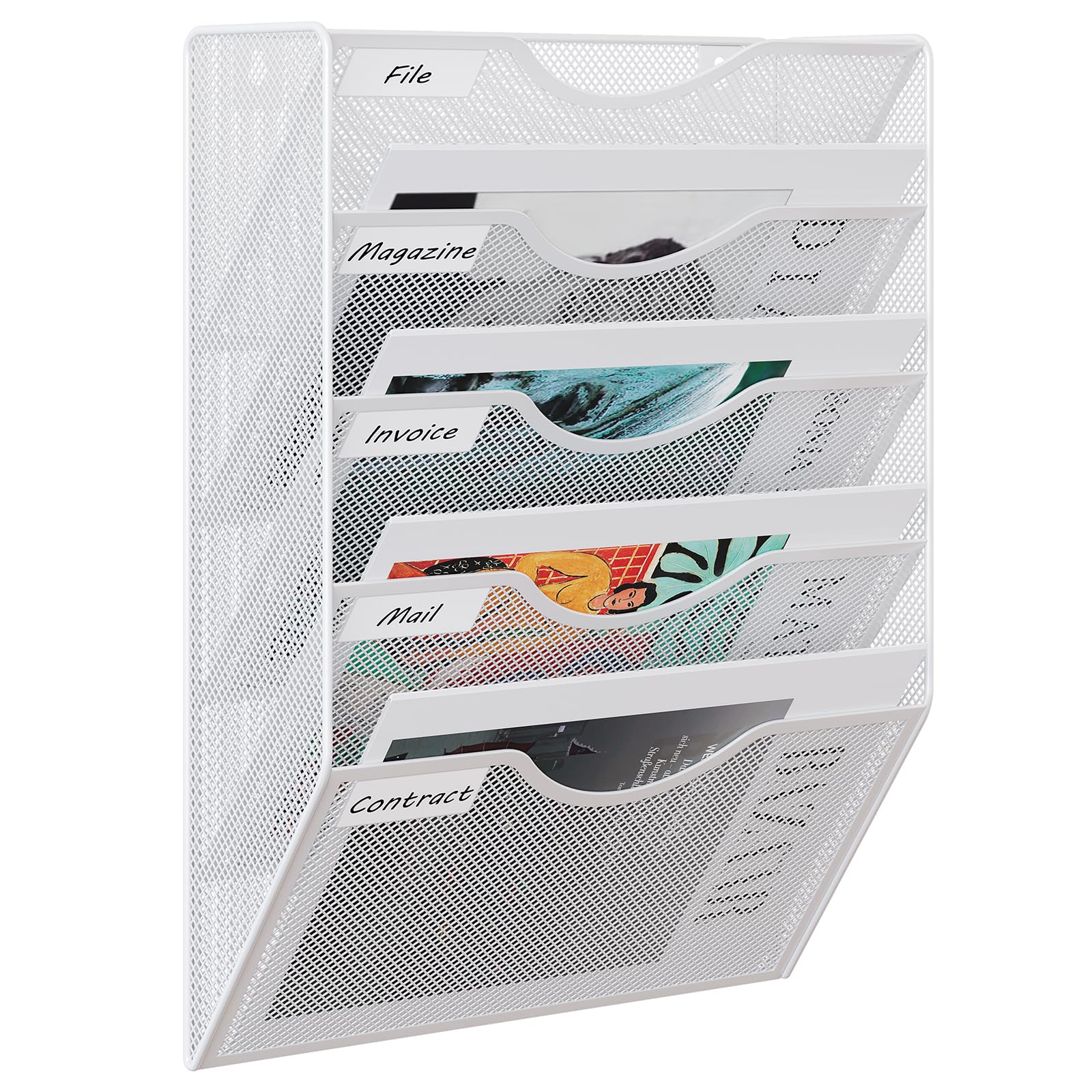 EasyPAG Metal 5 Tier A4 Wall Mounted Document Holder,Hanging Wall File Organiser,Pigeon Holes Storage,Wall Pocket,Filing Tray,Magazine Rack for Office & Home,White