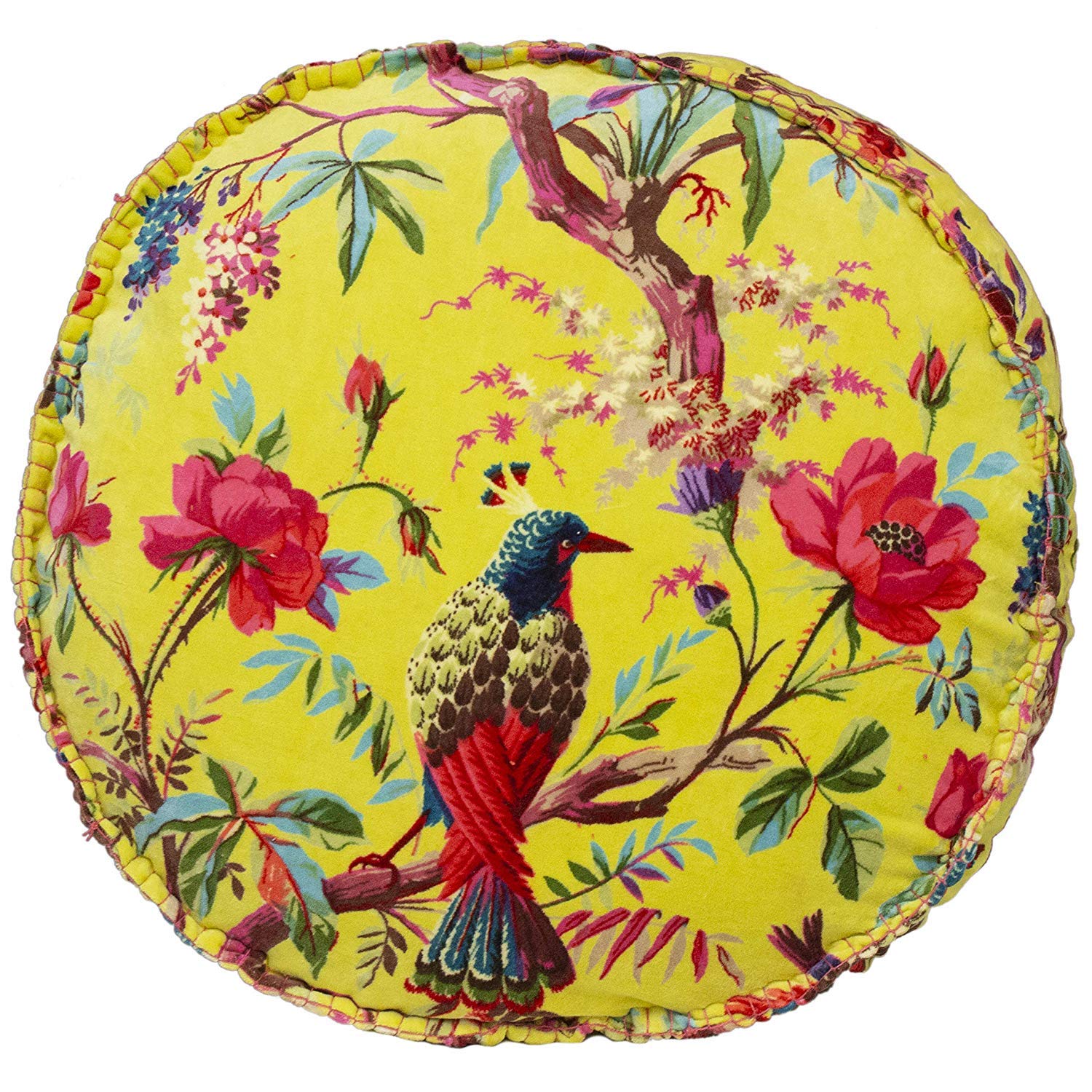 Riva Paoletti Paradise Round Cushion Cover Acacia Yellow Colourful Bird Print Velvet Fabric Blanket Stitched Edges 100% Cotton 50 x 50 x 12cm (20" x 20" x 5" inches), 50 x 50cm (20" x 20")