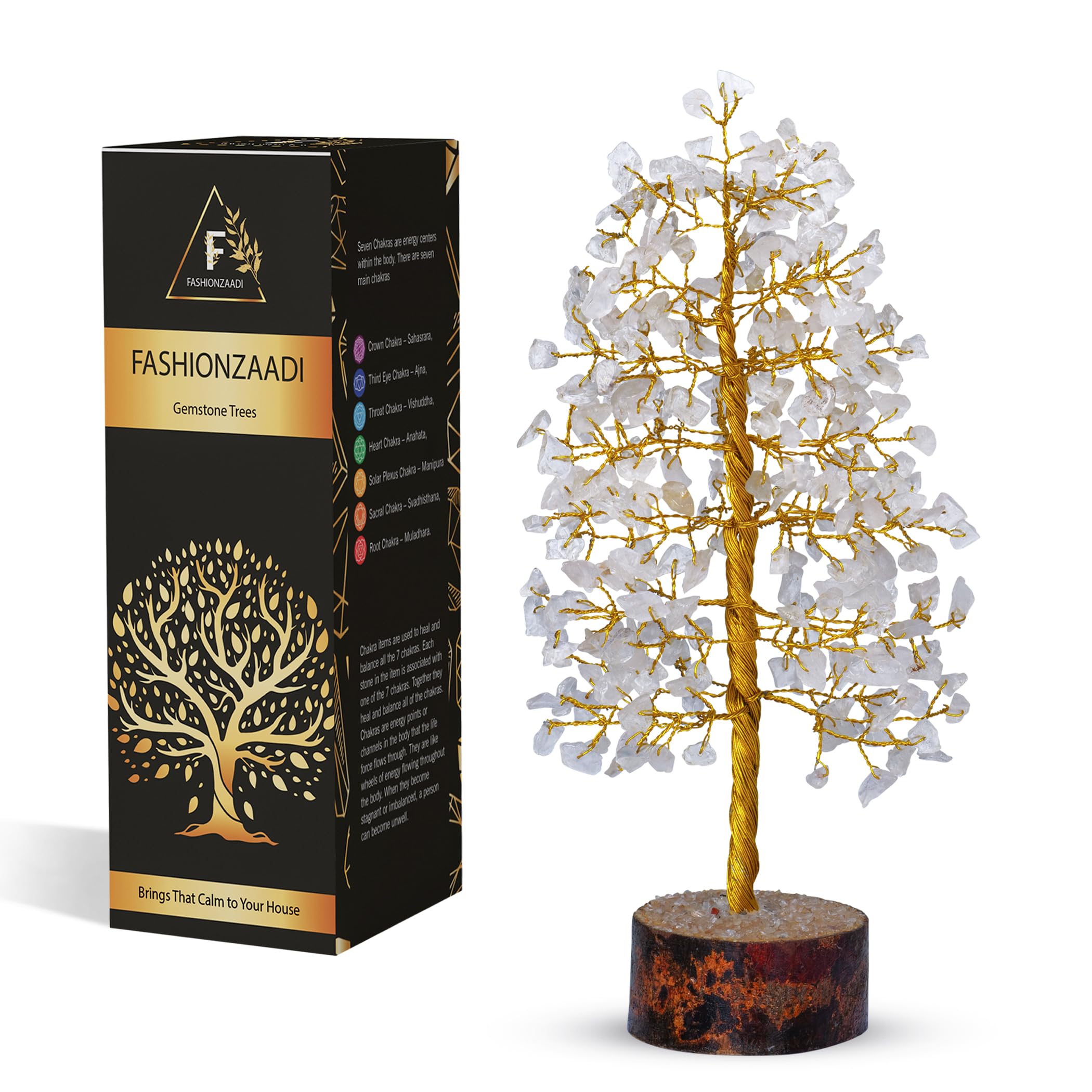 FASHIONZAADI Clear Quartz Gemstone Bonsai Money Tree Healing Crystals Chakra Trees Reiki Stone Good Luck Chakra Crystal Home Office Table Décor Decorative Figurine Gift size -10 Inch (Golden Wire)