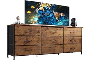 WLIVE 63''W Dresser for Bedroom, Dresser TV Stand for 65, 70, 75 inch TV, Wide Chest of Drawers with 9 Drawer, Large Entertainment Center, Fabric Dressers with Wood Top for Living Room, Rustic Brown