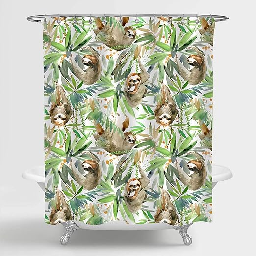Amazon Com Mitovilla Watercolor Sloth Shower Curtain For Tropical Bathroom Decor Wild Animals In Rain Forest Plant Leaves Bathroom Accessories Sloth Gifts For Women Men And Kids Green Brown 72 W X 78