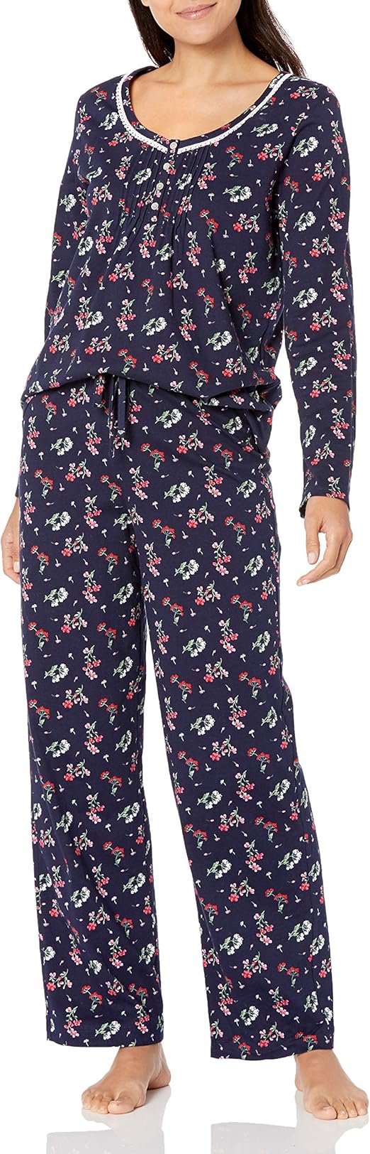 Carole Hochman Women's Long Sleeve Pajama Set, Navy Print, Large