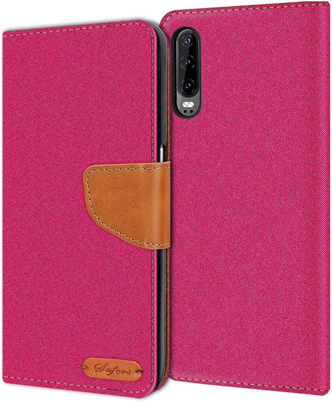 Verco Phone Wallet Case compatible with the Huawei P30, Canvas Faux Leather Book Cover for the P30 Flip Case Bag Hinged - Pink