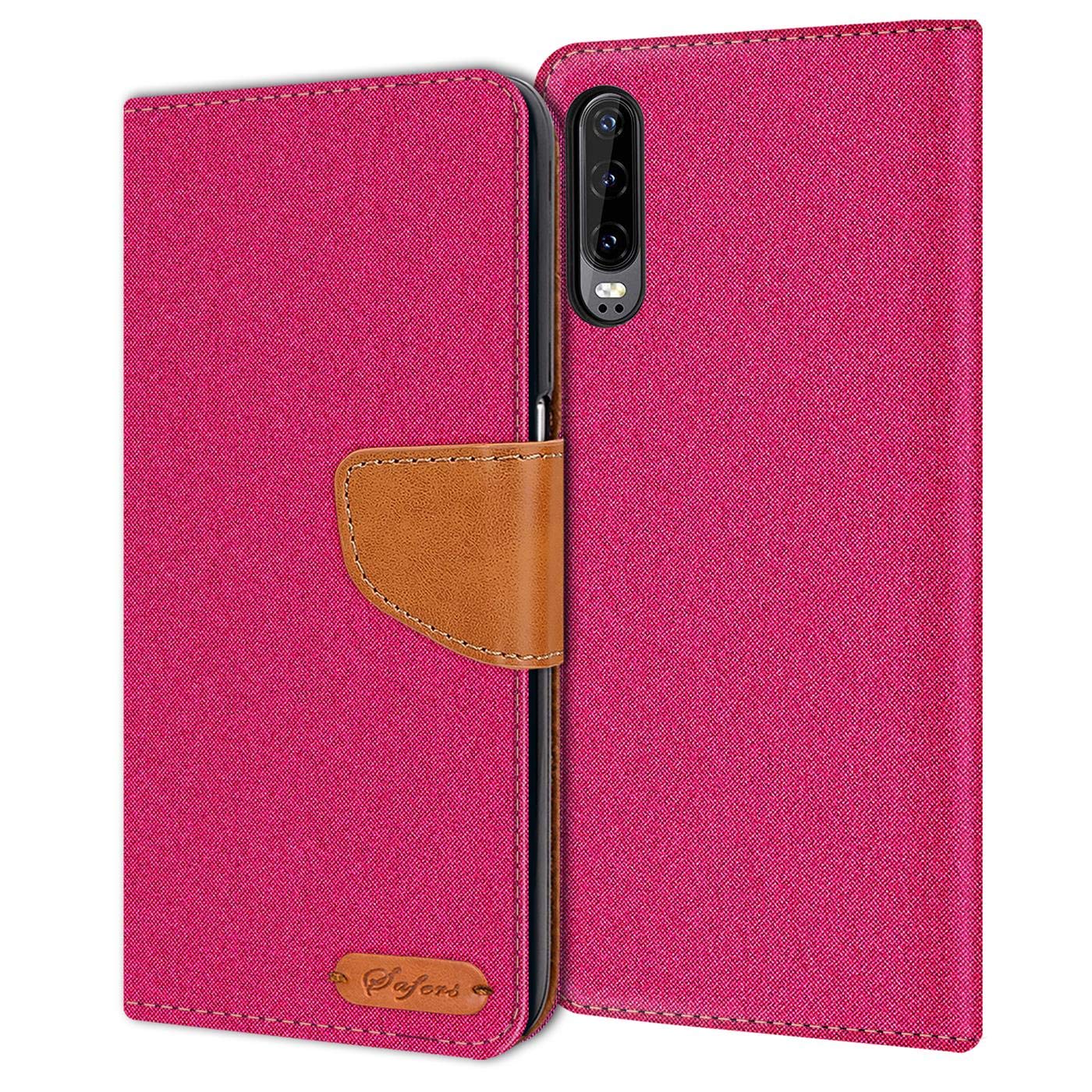 Verco Phone Wallet Case compatible with the Huawei P30, Canvas Faux Leather Book Cover for the P30 Flip Case Bag Hinged - Pink
