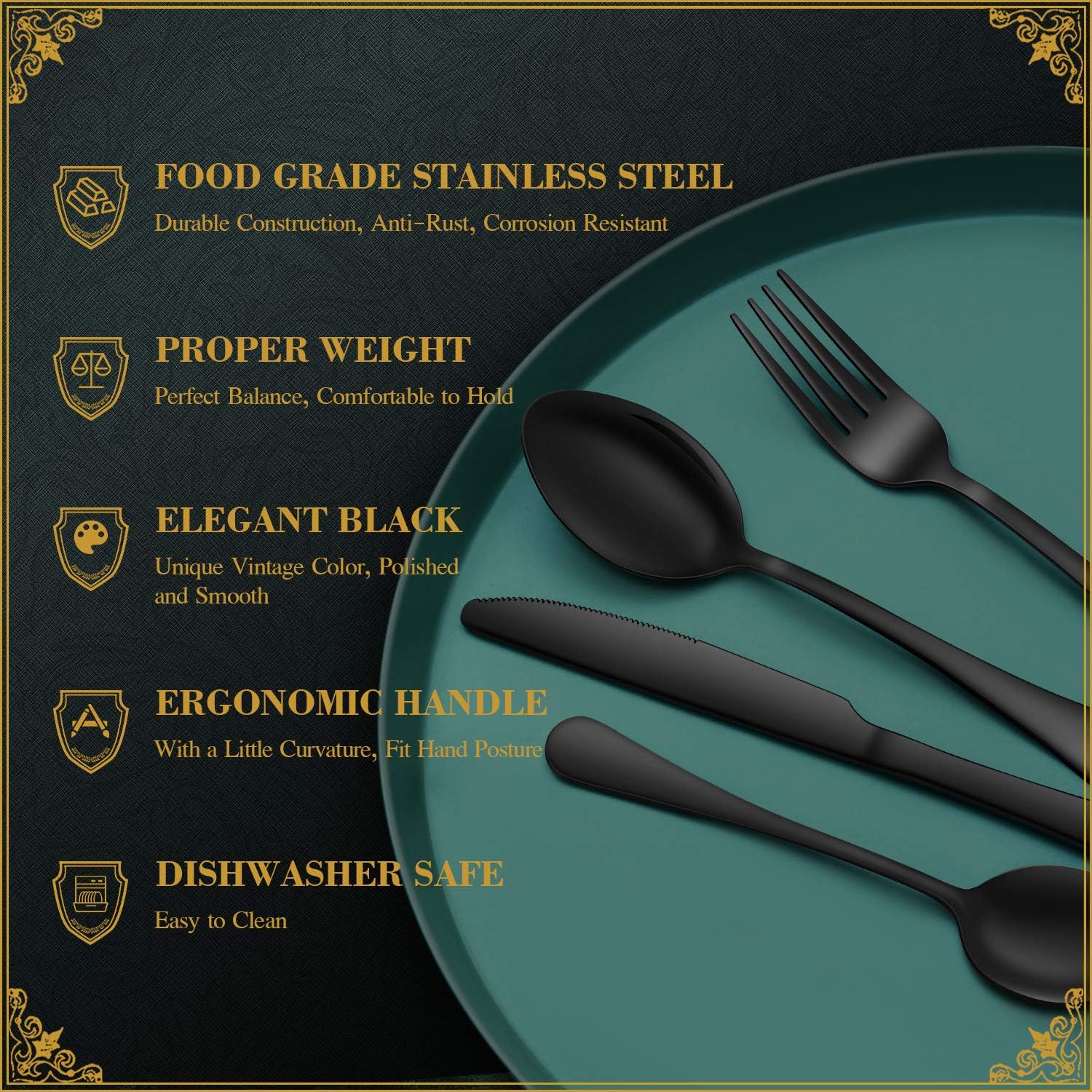 Hiware Black Stainless Steel Silverware Set with Tray Organizer, Mirror Finish, 20-Piece Flatware Cutlery Set Service for 4, Dishwasher Safe: Kitchen & Dining