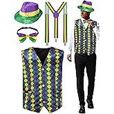 ShinyMatch 4 Pcs Mardi Gras Vest Outfits for Men Adults Suspenders Sequin Hat Bowtie Accessories for Carnival Parade