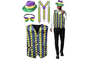 ShinyMatch 4 Pcs Mardi Gras Men's Vest Set Adult Suspenders Sequin Hat Bow Tie for Mardi Gras Carnival Parade