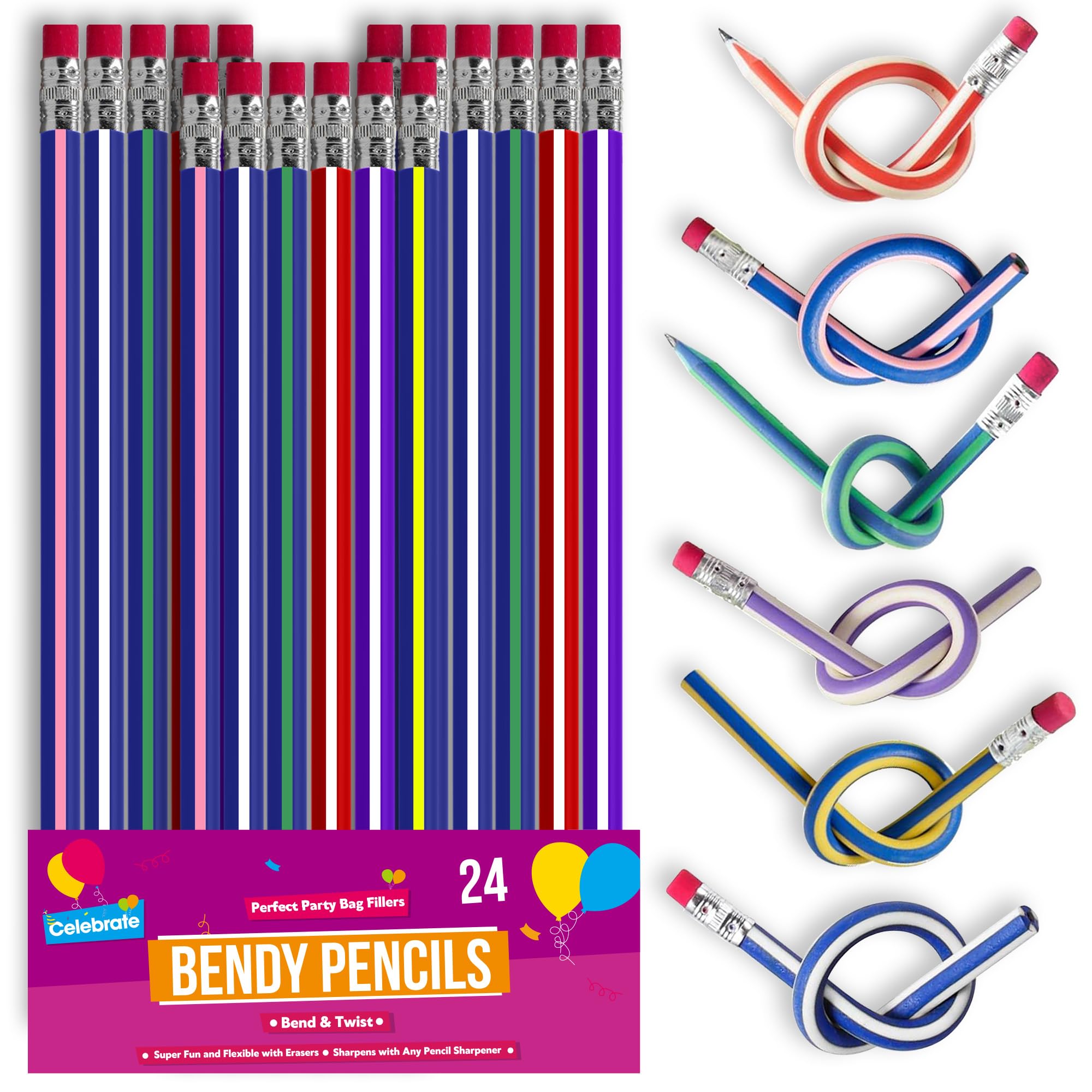 SOL 24pk Bendy Pencils – 18.5cm Flexible Novelty Writing Tools in Bright Colours, Ideal for Kids' Party Favours, Birthday Bags, Prizes, Classroom Rewards, Creative Stationery, Loot Bags, Fun Gifts