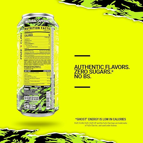 GHOST ENERGY PERFORMANCE ENERGY DRINK, FAZE CLAN “FAZE UP” – 12-PACK X 16OZ CANS – ENERGY & FOCUS – ZERO SUGARS, 200MG OF NATURAL CAFFEINE, L-CARNITINE & TAURINE – GLUTEN FREE & VEGAN