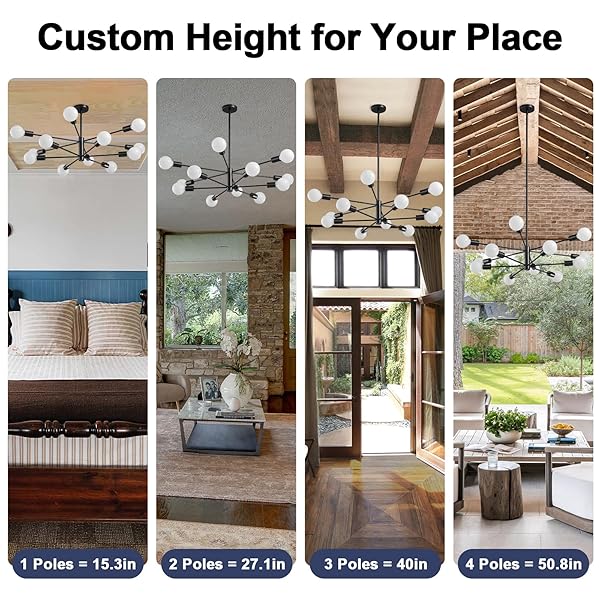 RUIYEY MODERN SPUTNIK CHANDELIERS LIGHT, 12-LIGHT BLACK CHANDELIERS FOR DINING ROOM, E26 HEIGHT ADJUSTABLE CHANDELIER CEILING LIGHTING FIXTURE FOR FARMHOUSE KITCHEN ISLAND LIVING ROOM FOYER