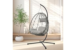 TINFOMYOU Egg Chair Outdoor, Patio Wicker Hanging Egg Chair, 350LBS Capacity Hammock Chair with Stand, UV&Water Resistant Cushion Egg Swing Chair, Egg Chair Swing for Garden, Porches, Light Grey