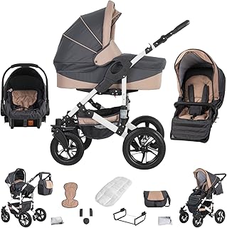 Friedrich Hugo Hamburg | 3 in 1 Kombi Kinderwagen Komplettset | Hartgummireifen | Farbe: Grey & Beige