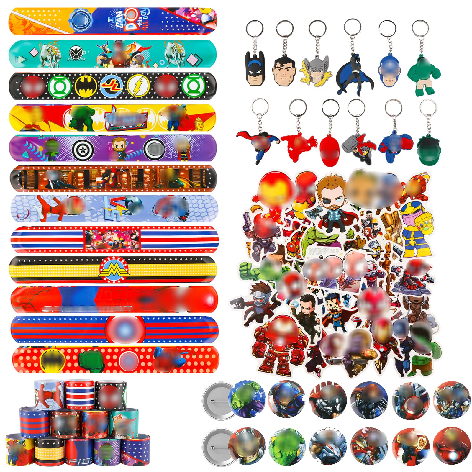 Ainvliya 86pcs Aveng Party bag Fillers, 50pcs Stickers, 12pcs Slap Bands, 12 Keychain 12 Badge Supplies for Kids Boys Girls