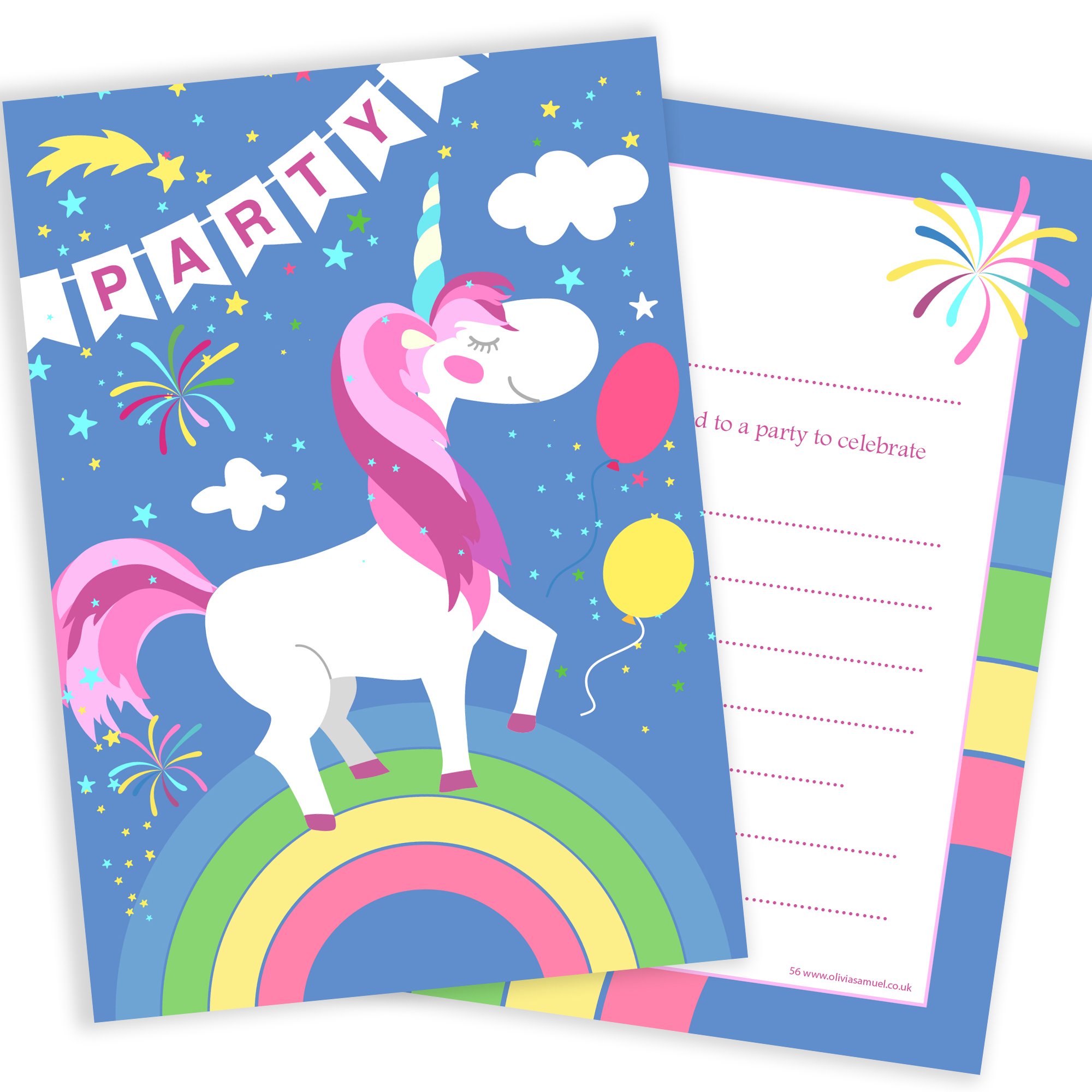 Olivia Samuel 20 x Unicorn and Rainbow Party/Birthday Invitations from Includes Envelopes
